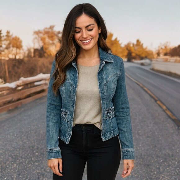 Jill Stuart Jeans Vintage Front Zip Denim Jacket V-Neck Classic Jean Blazer - Picture 3 of 11